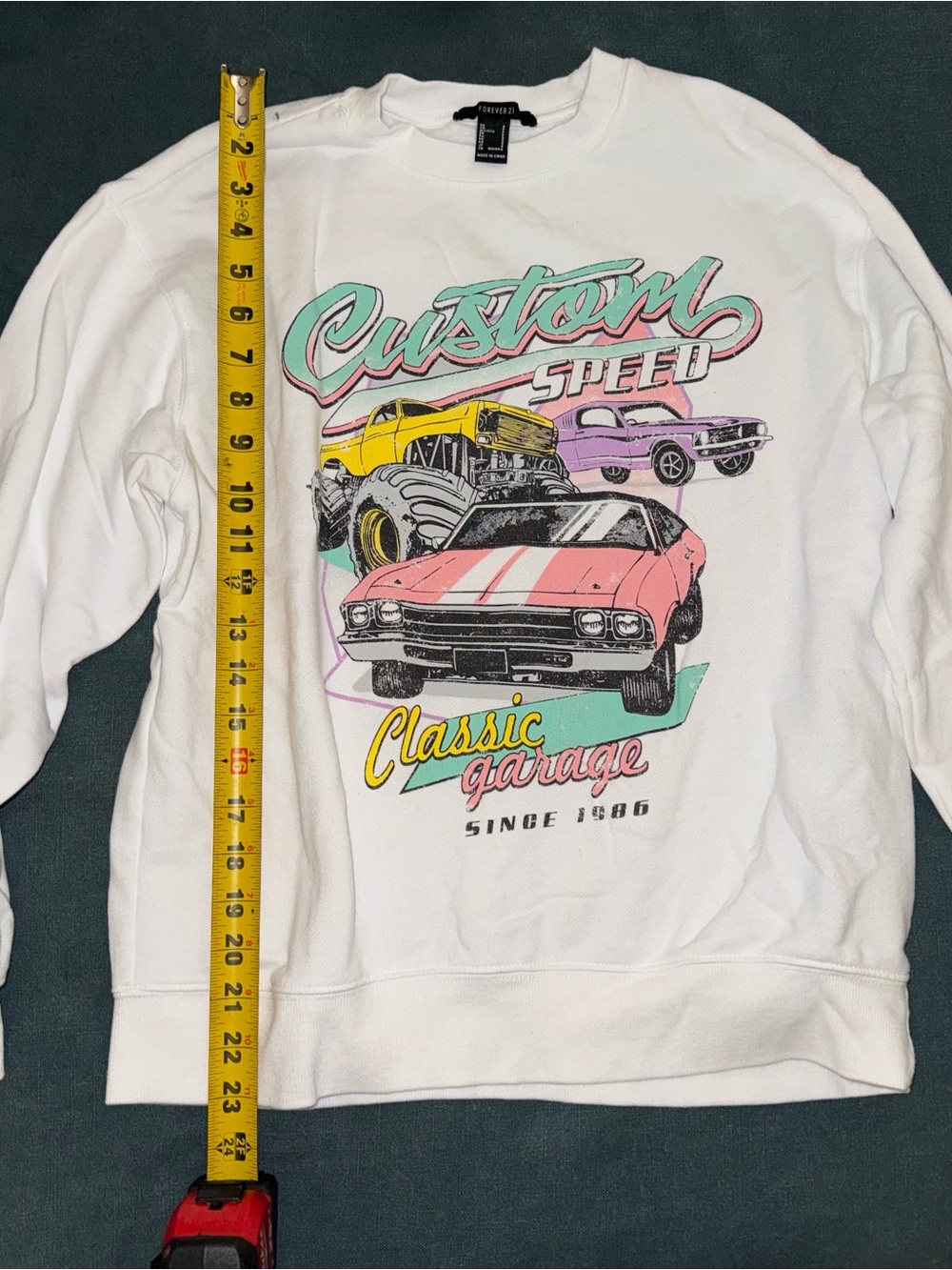 Forever 21 White Graphic Cowlneck Sweatshirt with Pink, Yellow & Mint Cars